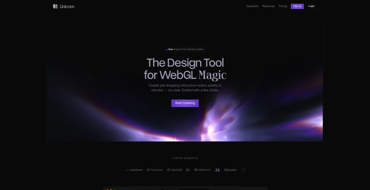 Unicorn WebGL design tool landing page