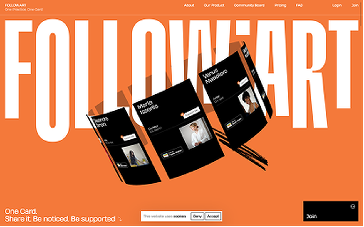 Follow Art orange creator card platform landing page