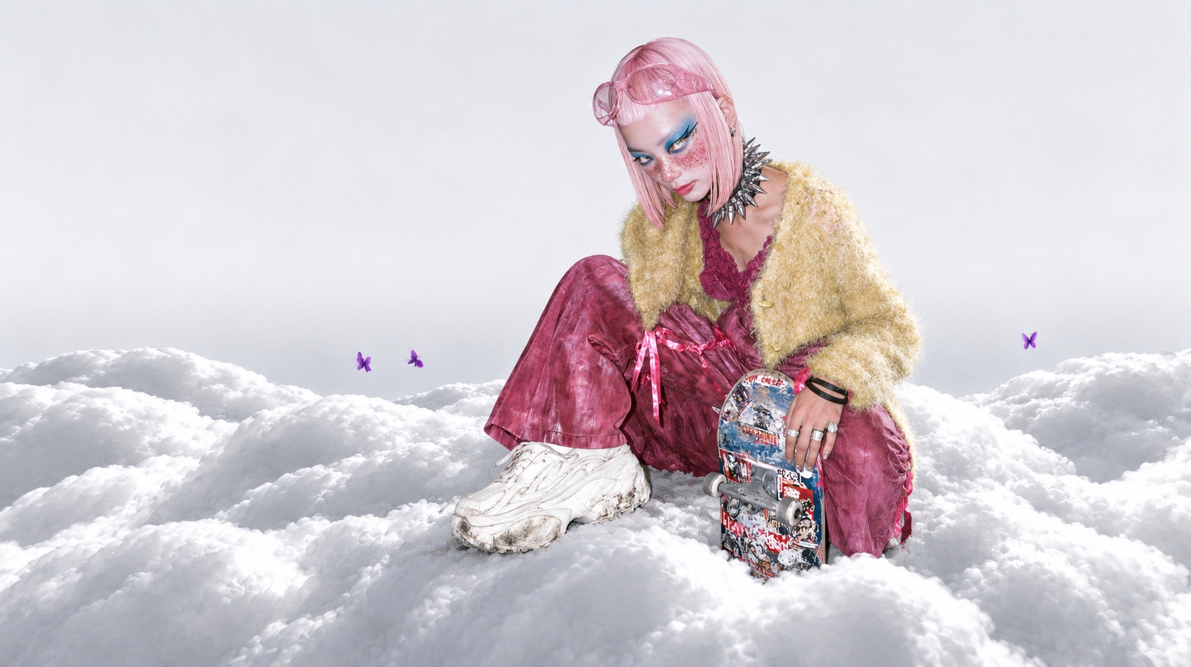 A pink-haired skater in a yellow jacket and raspberry outfit seated on soft silver-white cloud hills, with purple butterflies against a pale gray background